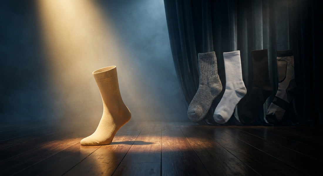 A single bamboo sock dramatically spotlit on a dark stage while four other sock types recede into the shadows behind it.