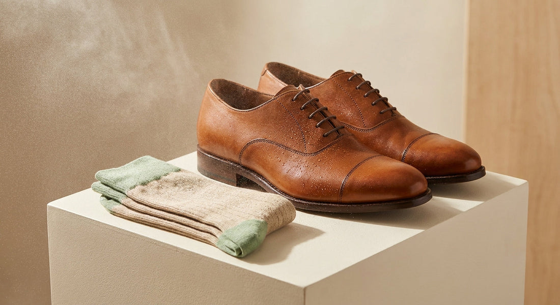 A pair of polished leather shoes placed next to folded bamboo socks on a white surface, surrounded by a subtle mist suggesting moisture and breathability.