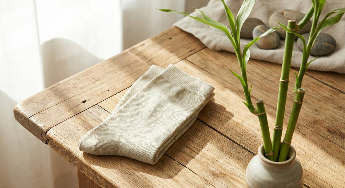 Light-colored bamboo socks resting on a sun-warmed wooden surface beside fresh green bamboo stalks in soft natural light.