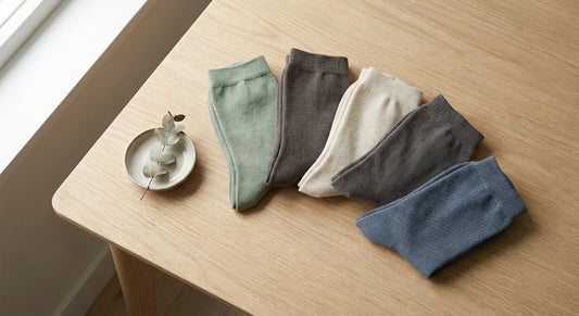 A flat lay of neatly folded bamboo socks in earthy tones arranged in a fan pattern on a light wood surface under soft natural lighting.