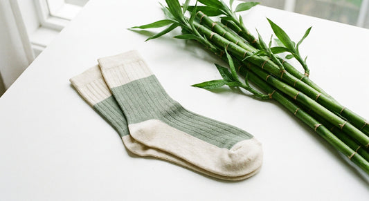 A pair of neatly arranged bamboo socks beside fresh green bamboo stalks on a clean white surface, lit with soft natural light.
