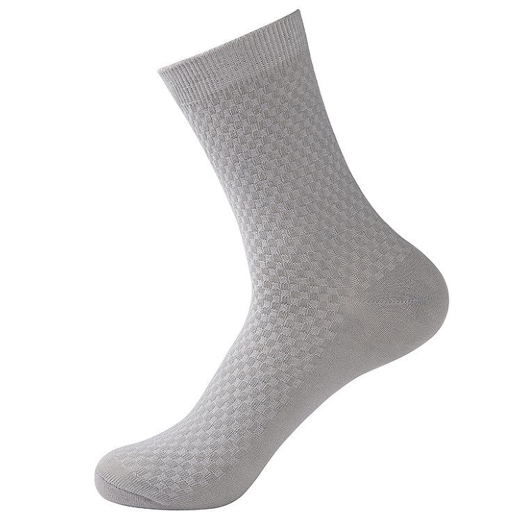 Men's gray patterned socks, comfortable cotton blend, mid-calf length, perfect for everyday wear.