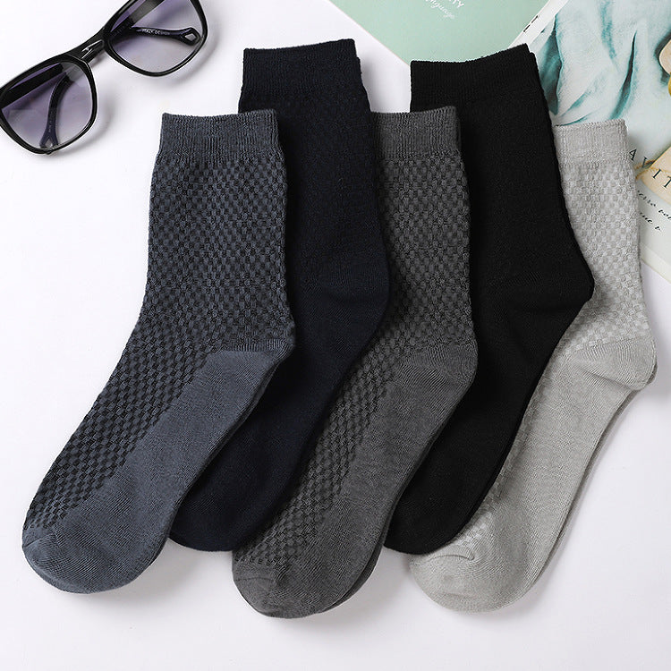 Set of five stylish cotton socks in gray, black, and navy with textured patterns for comfort and durability.
