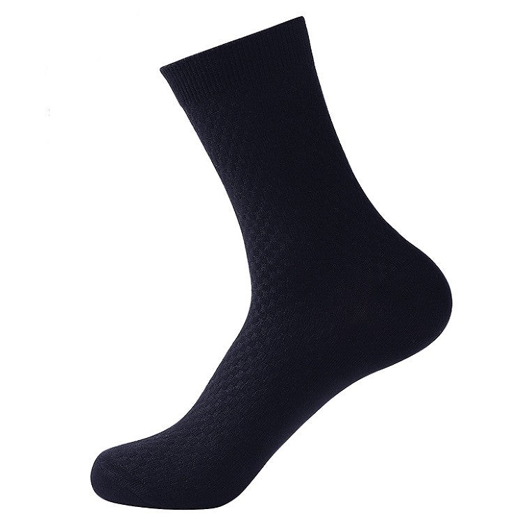 Men's navy blue socks, cotton blend, textured design for comfort and style.