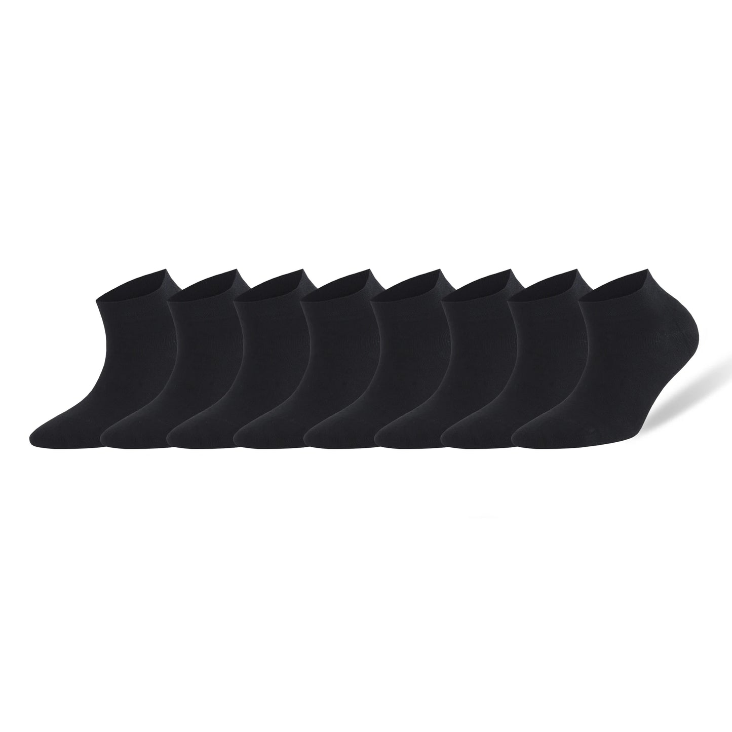Pack of 8 black ankle socks, made of soft material for comfort and durability, suitable for everyday wear.
