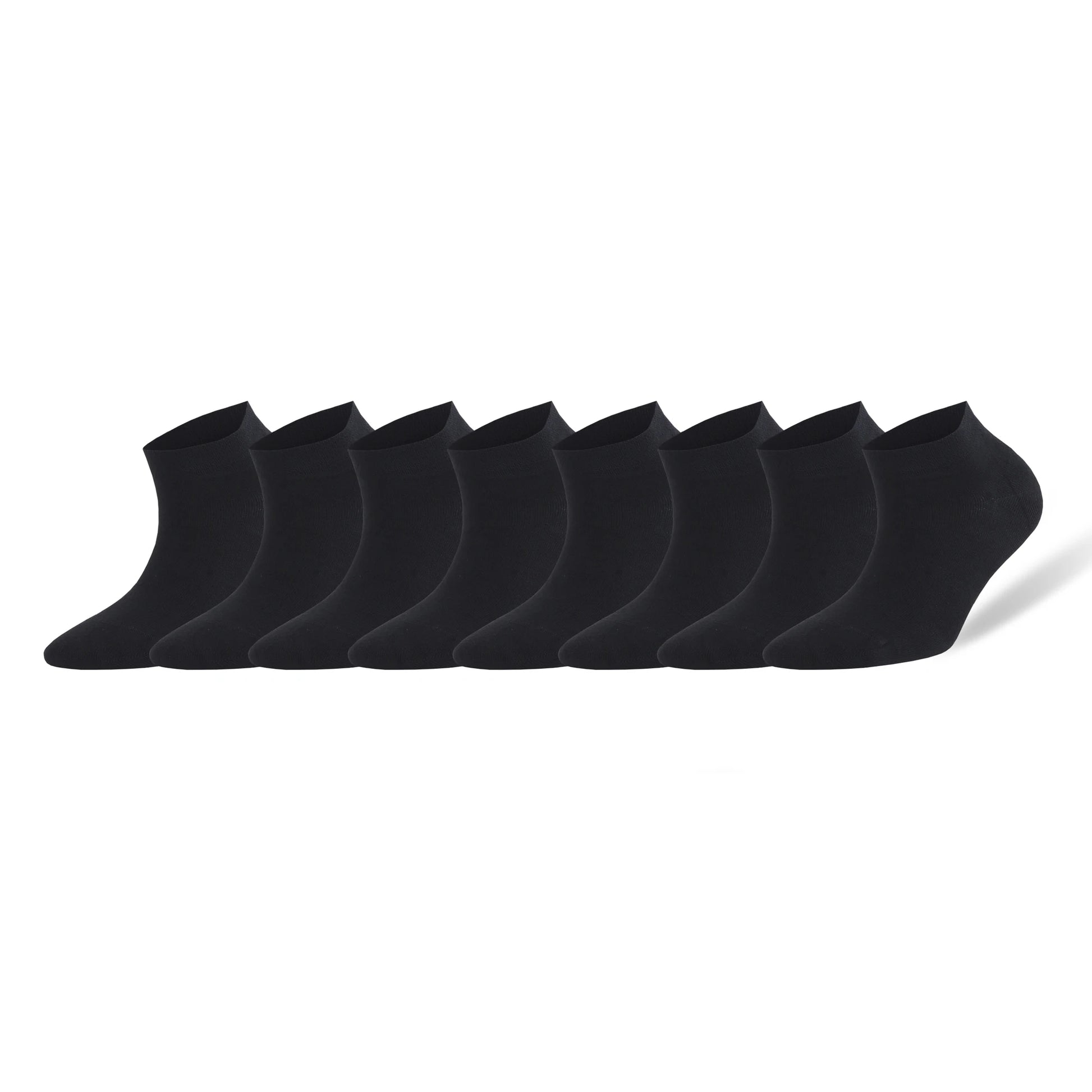Pack of 8 black ankle socks, made of soft material for comfort and durability, suitable for everyday wear.