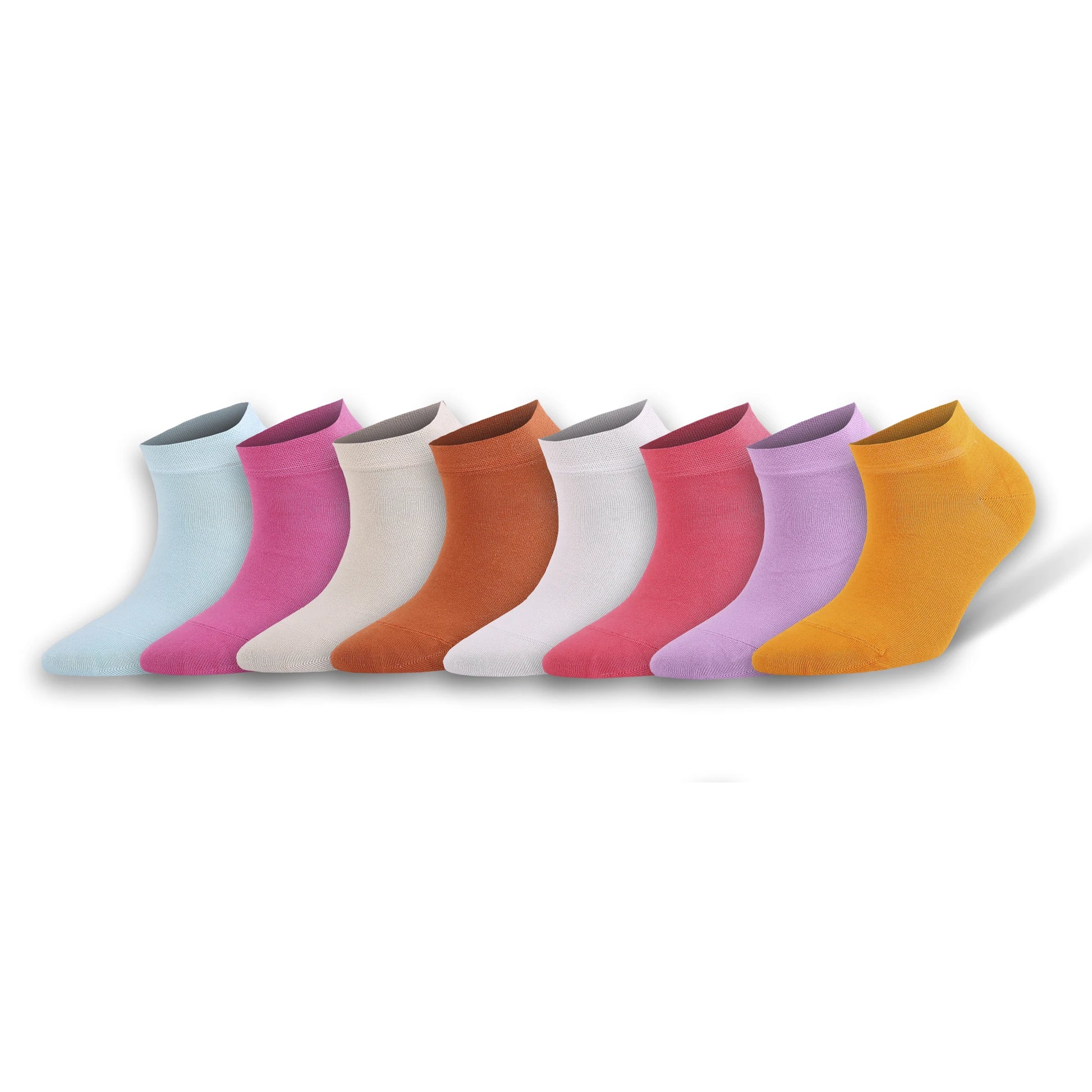 Set of 8 colorful ankle socks in cotton blend, featuring pastel and vibrant shades for casual comfort.