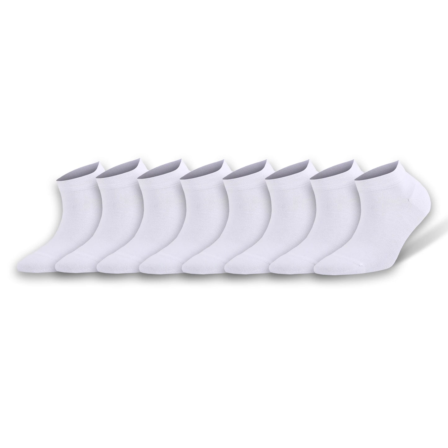 Pack of 8 white ankle socks, soft cotton blend for comfort and breathability.