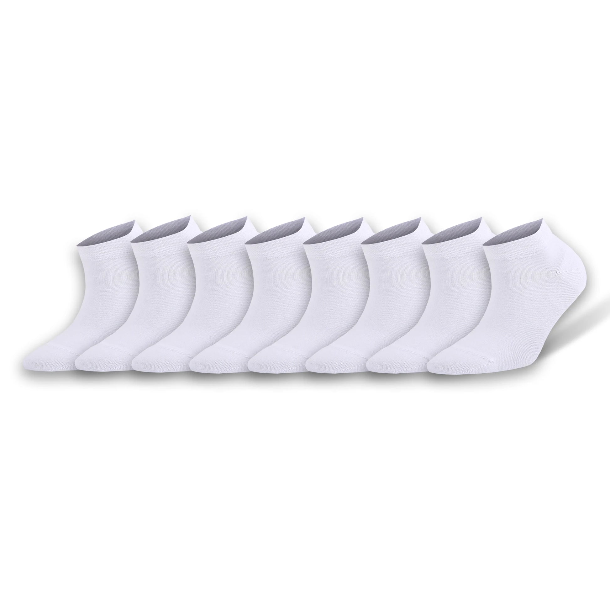Pack of 8 white ankle socks, soft cotton blend for comfort and breathability.