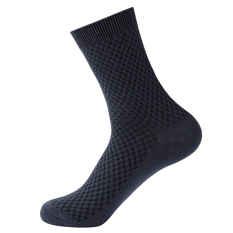 Navy patterned socks made from soft, breathable material for comfort and style.
