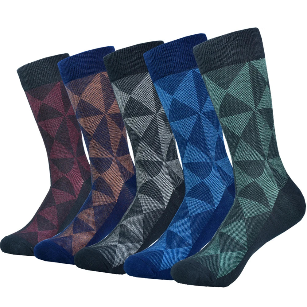 Set of six patterned men's socks in varying colors: burgundy, navy, gray, blue, and green, made of cozy fabric.