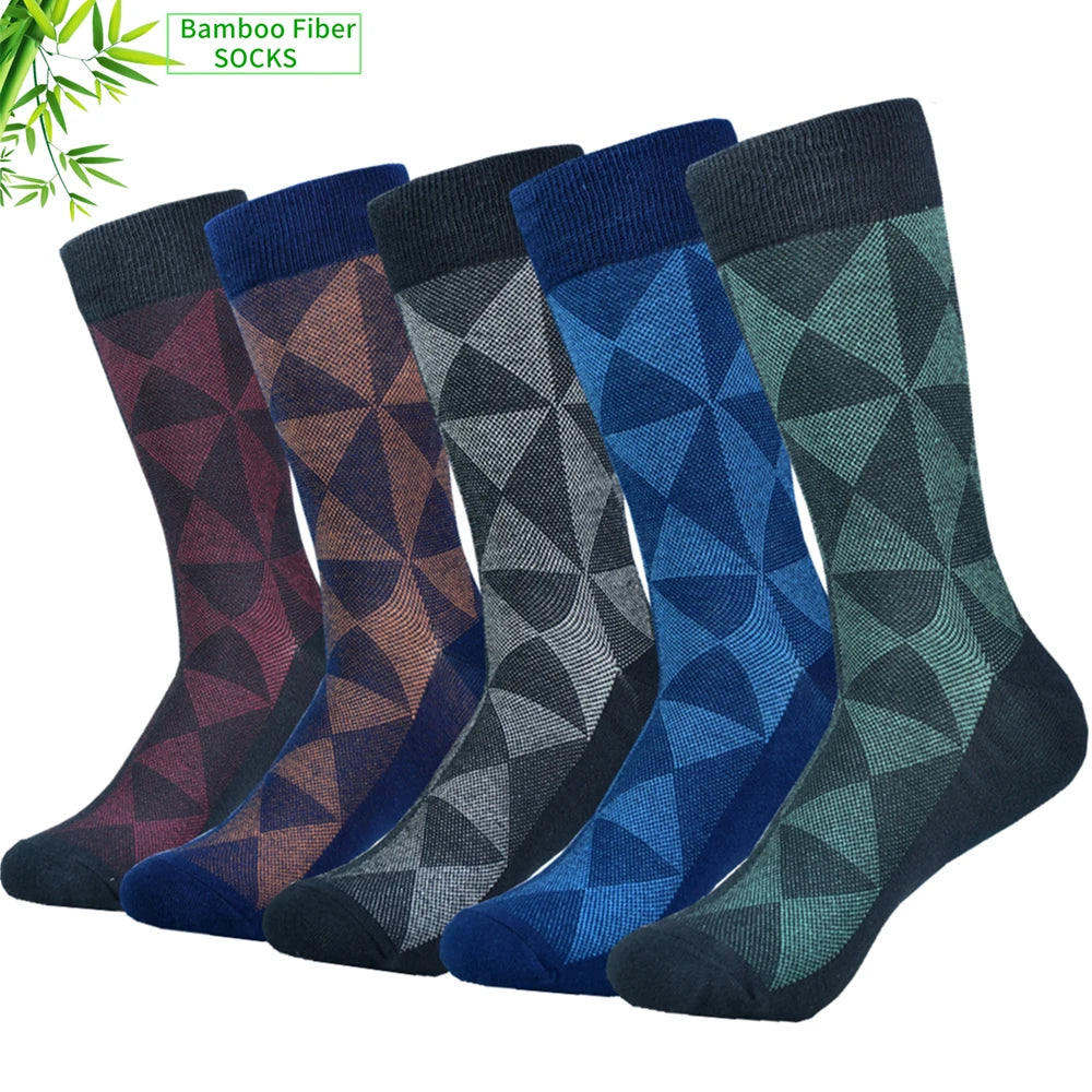 Set of five geometric patterned bamboo fiber socks in various colors, perfect for comfort and style.