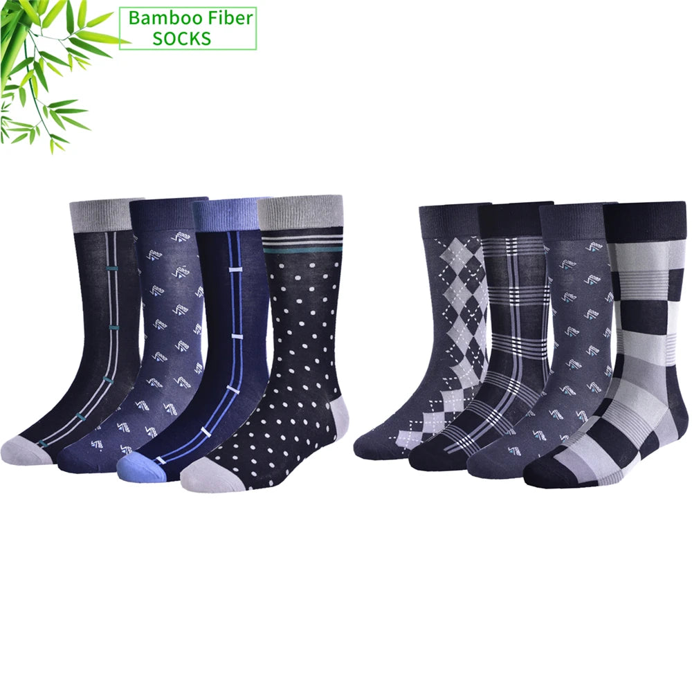 Set of bamboo fiber socks in dark colors with polka dots, stripes, and checks for stylish comfort.