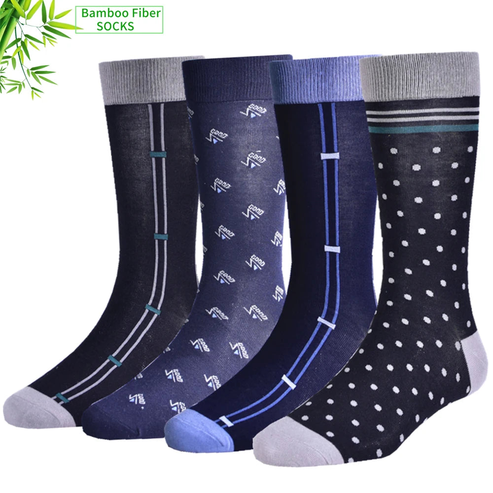 Set of 4 bamboo fiber socks in navy, featuring stripes, patterns, and polka dots for comfort and style.