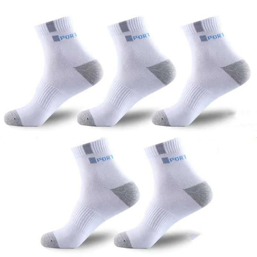 Men's white sports socks with grey accents, breathable cotton blend, pack of four pairs.