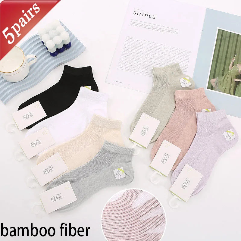 5-Pack Women's Bamboo Fiber Mesh Breathable Ankle Socks