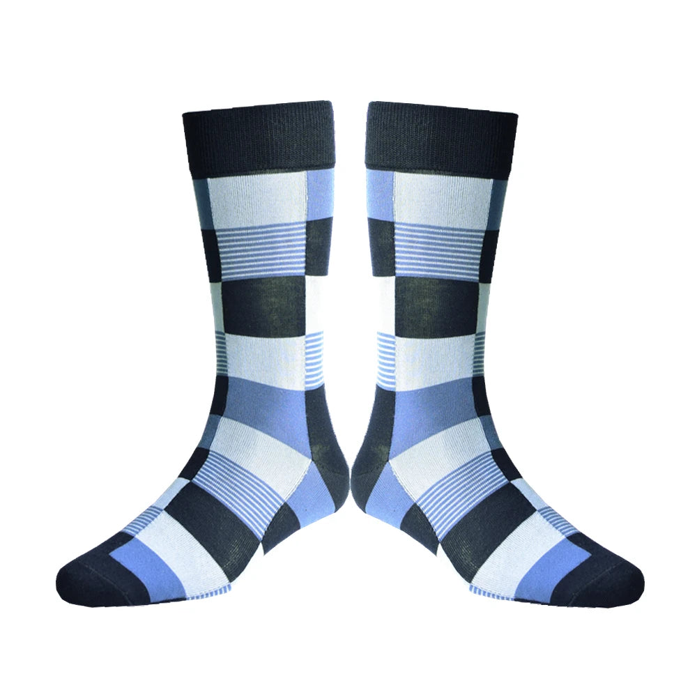 Men's checkered socks in blue, black, and white; comfortable cotton blend for everyday wear.