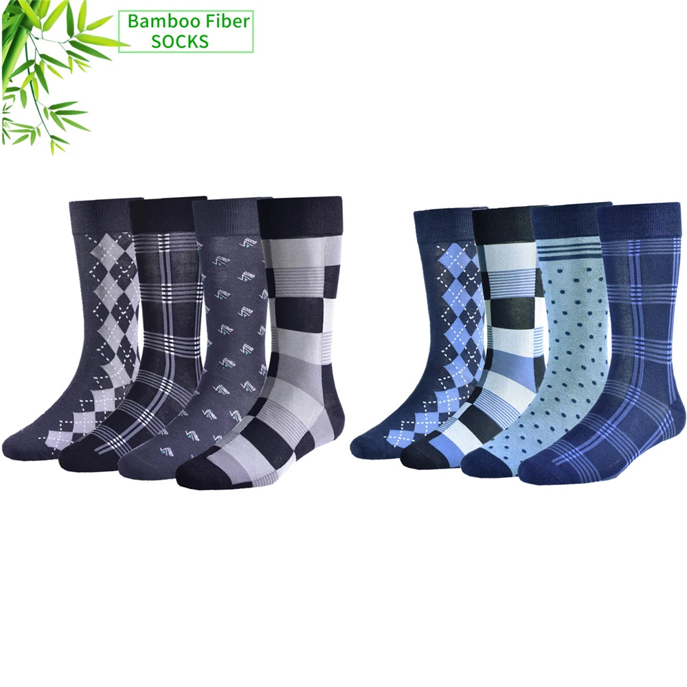 Set of bamboo fiber socks in navy and gray with various patterns including stripes and polka dots.