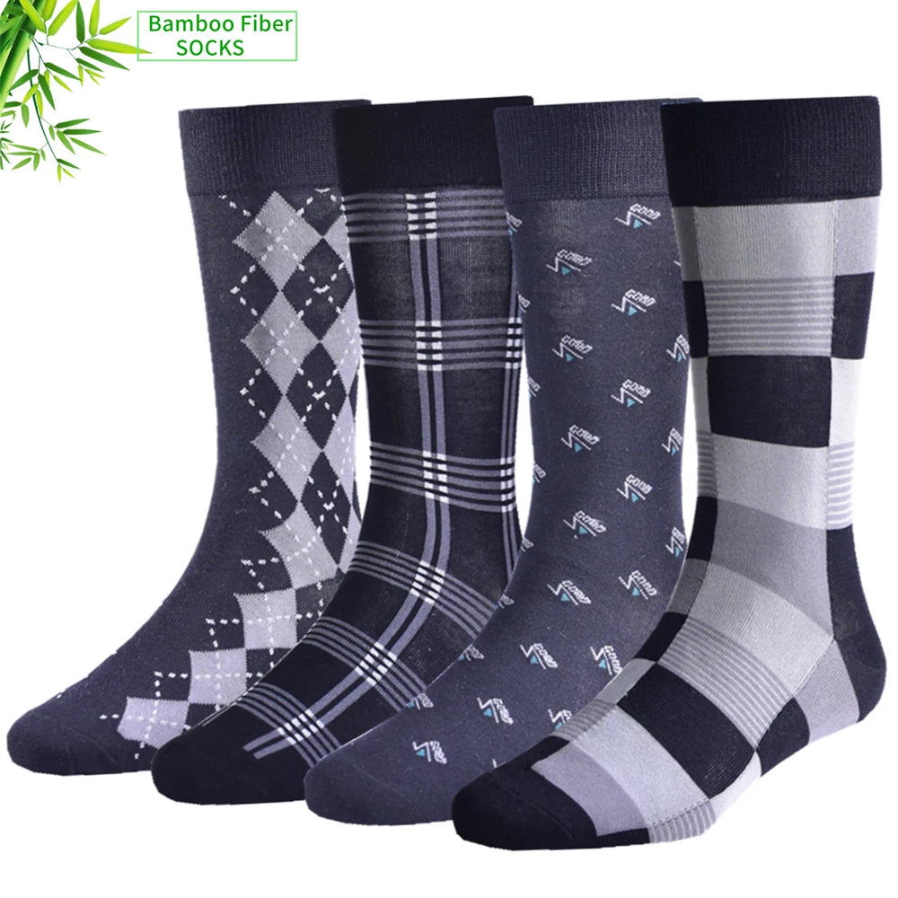 Set of 4 men's bamboo fiber socks in various dark patterns: argyle, plaid, dots, and stripes.