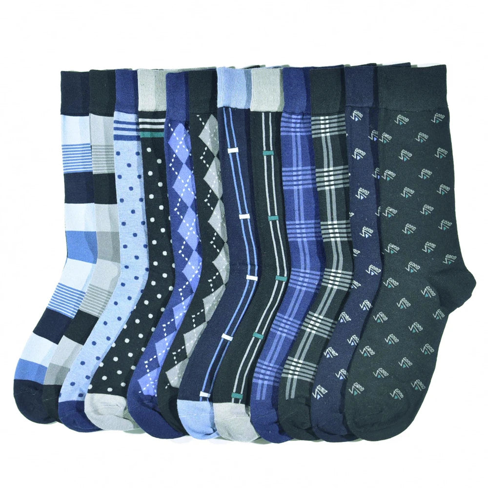 Men's assorted dress socks in blue tones featuring stripes, polka dots, and plaid patterns, made from soft cotton.