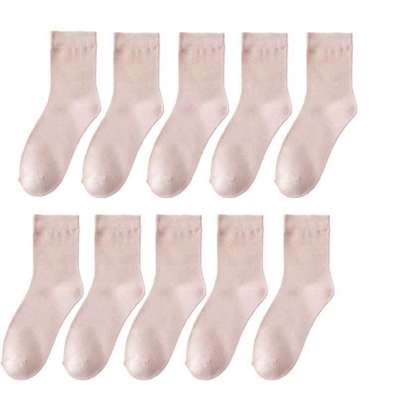 10 Pack Women's Bamboo Fiber Socks Retro Solid Color Casual Black Socks