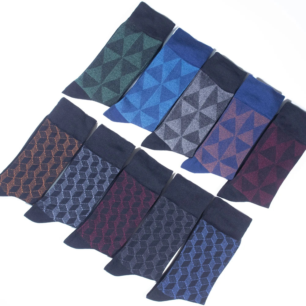 Set of 10 geometric patterned socks in various colors, made of soft cotton for comfort.