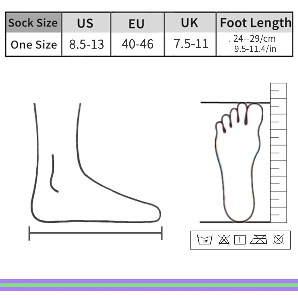 Sock size chart detailing US, EU, UK sizes and foot length measurements.