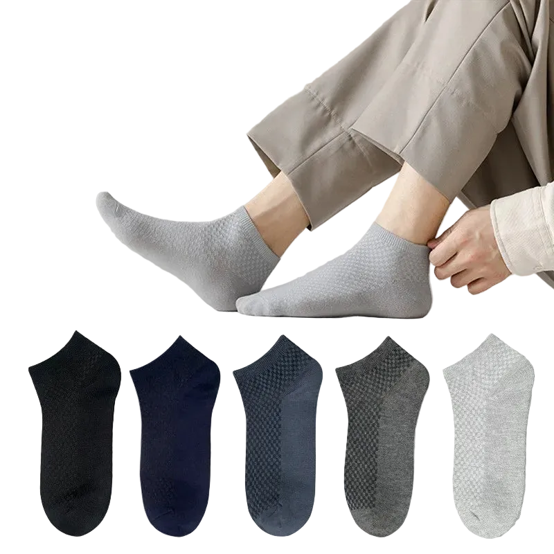 Men's ankle socks in grey, blue, and black, made of soft, breathable material for comfort.