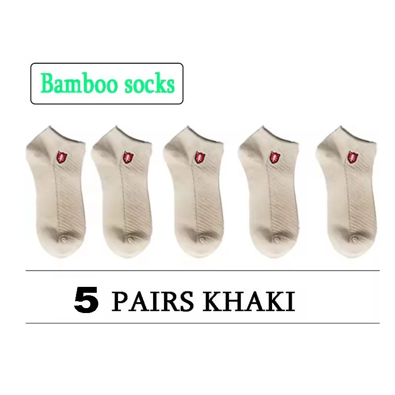 5 pairs of khaki bamboo socks with moisture-wicking and breathable material for comfort.