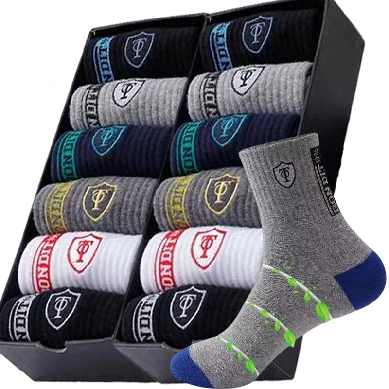 Colorful cotton athletic socks set in a box, featuring various designs and comfortable fit.