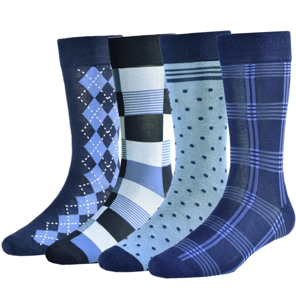 Men's blue patterned dress socks set: argyle, stripes, polka dots, plaid, soft cotton blend.