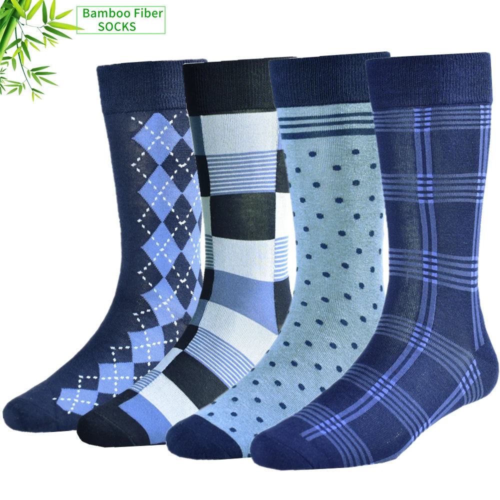 Set of 4 blue patterned bamboo fiber socks in argyle, striped, polka dot, and plaid designs.
