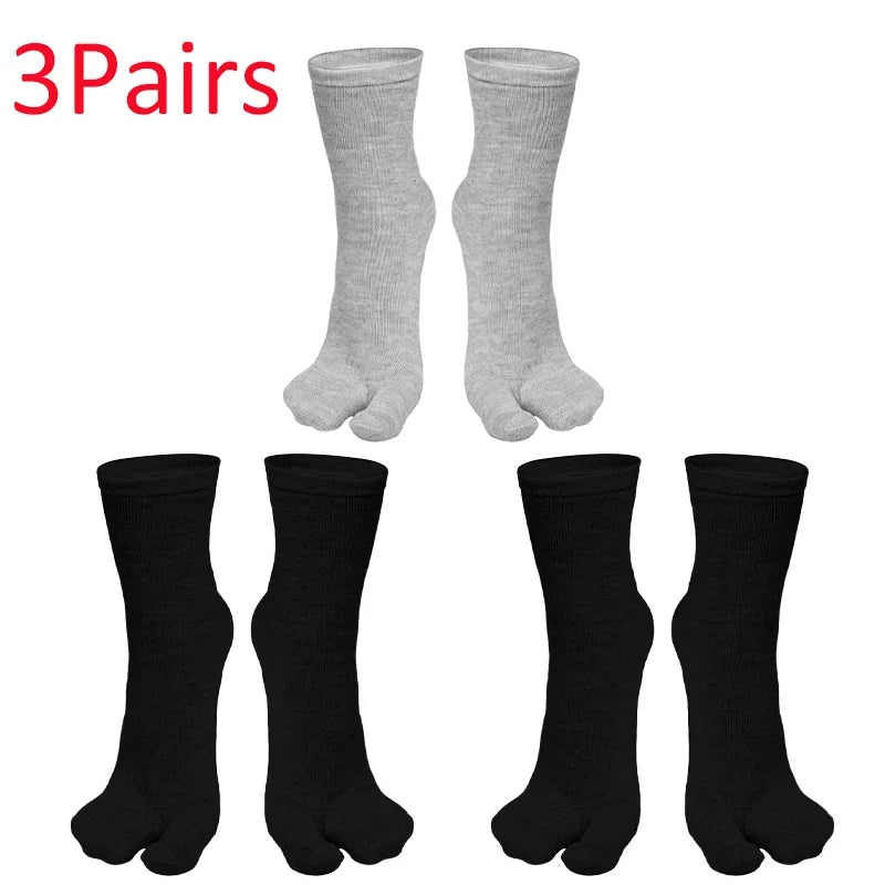 3 pairs of toe socks in gray and black, made from soft, breathable material for comfort.