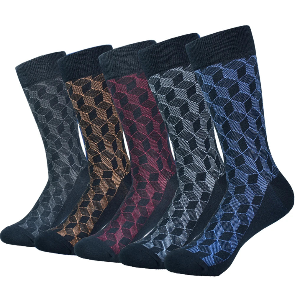 Men's patterned dress socks in black, gray, burgundy, and blue, made from soft, breathable cotton.