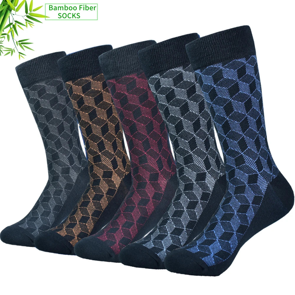 Set of bamboo fiber socks in various colors with diamond pattern, offering comfort and style.