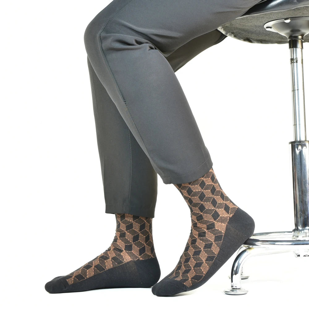Men's black patterned socks with geometric design, ideal for stylish casual wear.