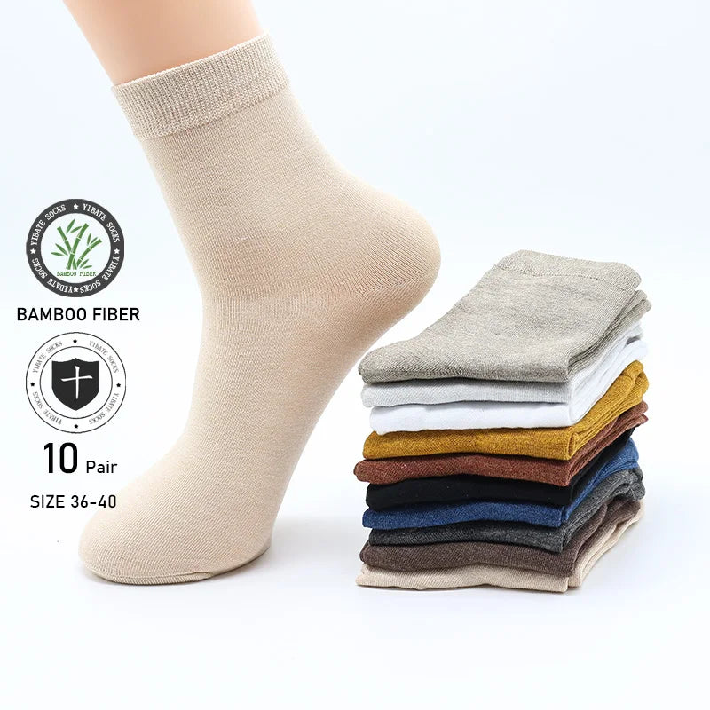 10 Pack Women's Bamboo Fiber Socks Retro Solid Color Casual Black Socks