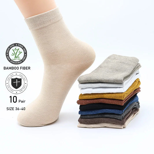 10 Pack Women's Bamboo Fiber Socks Retro Solid Color Casual Black Socks