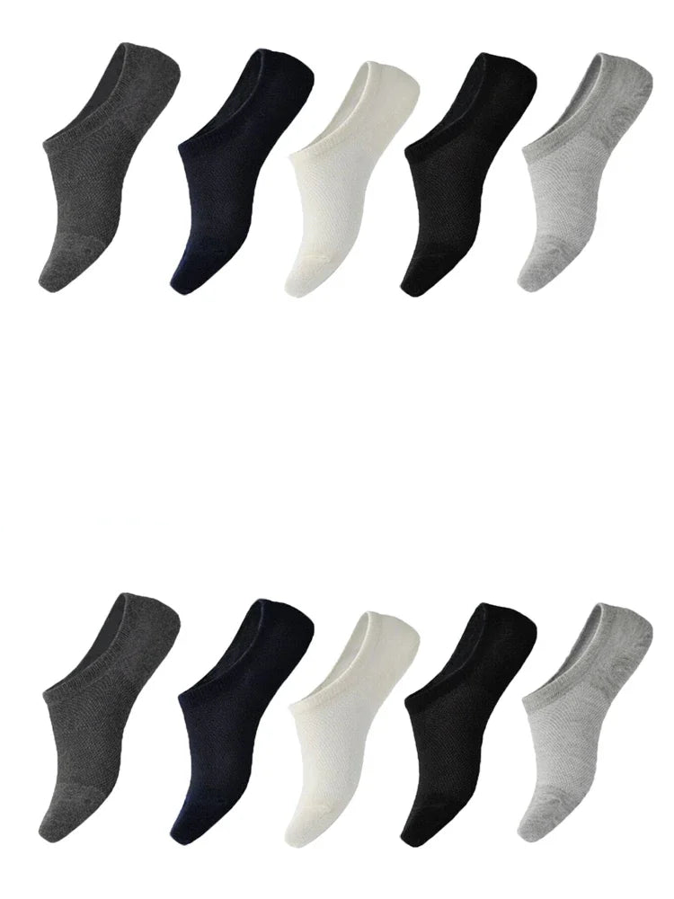 Set of 10 no-show socks in gray, black, navy, and white, made from soft, breathable material for comfort.