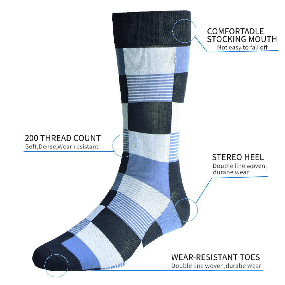 Men's striped blue and black cotton socks, 200 thread count, wear-resistant, comfortable fit.