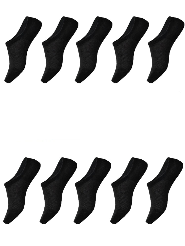 10 pairs of black ankle socks, soft cotton blend, ideal for comfort and casual wear.
