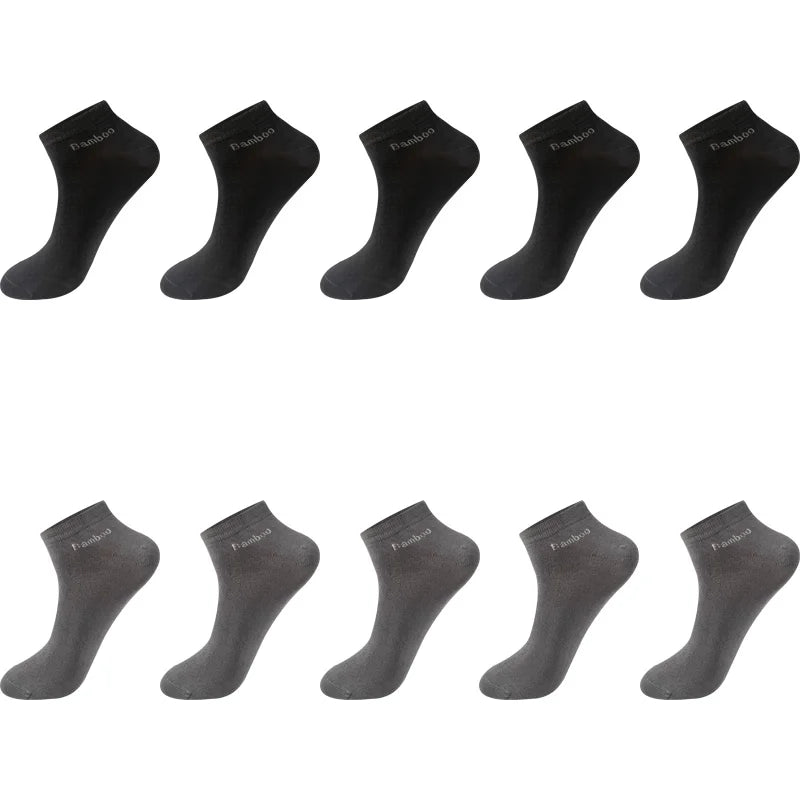 Set of 10 bamboo ankle socks in black and dark gray for comfort and breathability.