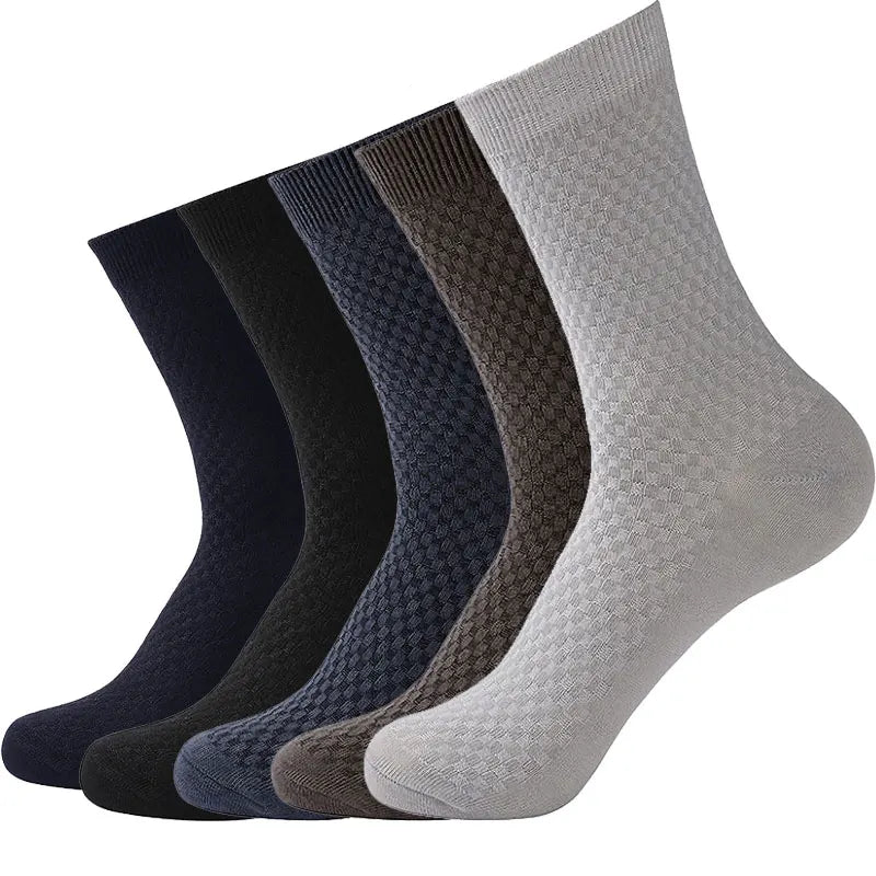 Set of 5 patterned socks in navy, black, dark gray, light gray, and beige crafted from soft cotton blend.