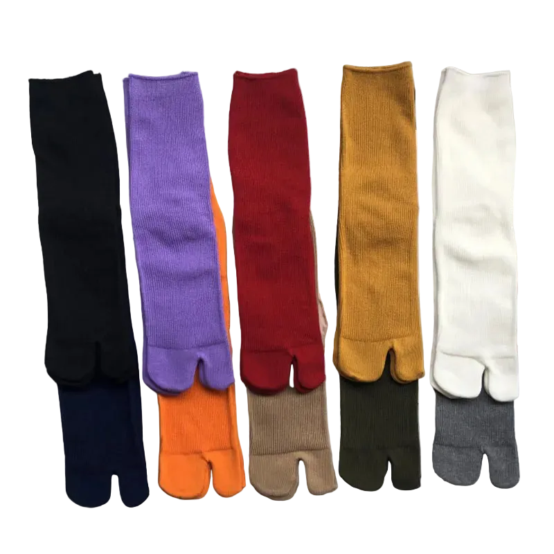 Colorful ribbed toe socks in black, purple, red, orange, yellow, white, green, and gray.