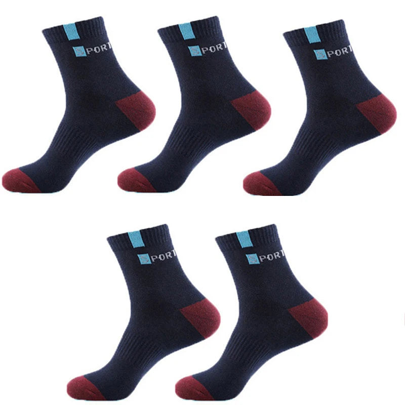 Pack of 5 navy blue sport socks with red heel and toe, featuring breathable cotton material.